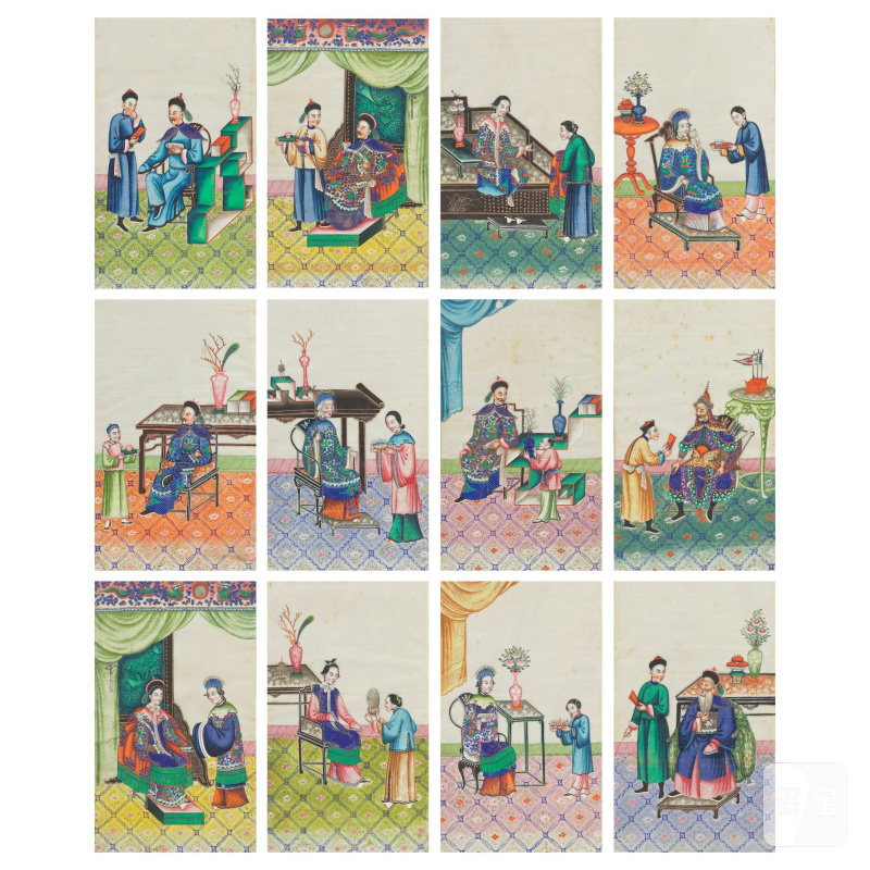 中國畫家 十九世紀 室内人物一組十二幅 水粉紙本 鏡框 | CHINESE ARTIST (19TH CENTURY) - 图14